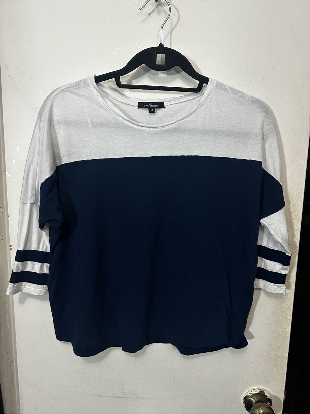 Ambiance Navy and White Colorblock Three-Quarter Sleeve Tee